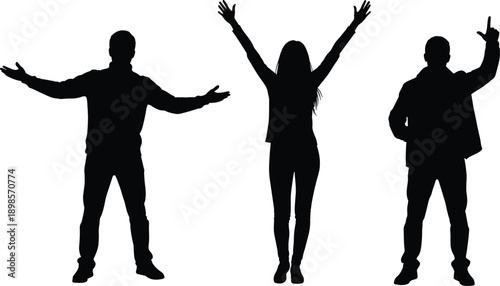 Celebrating people silhouettes vector illustration showing joyful human figures with raised arms and expressive poses, isolated on white background for success, freedom, and emotion concepts