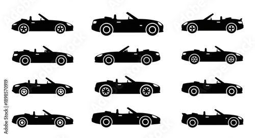 Collection of black convertible sports car silhouettes.