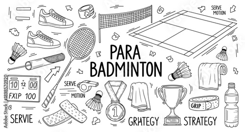 Para Badminton sport elements and equipment doodle illustration
