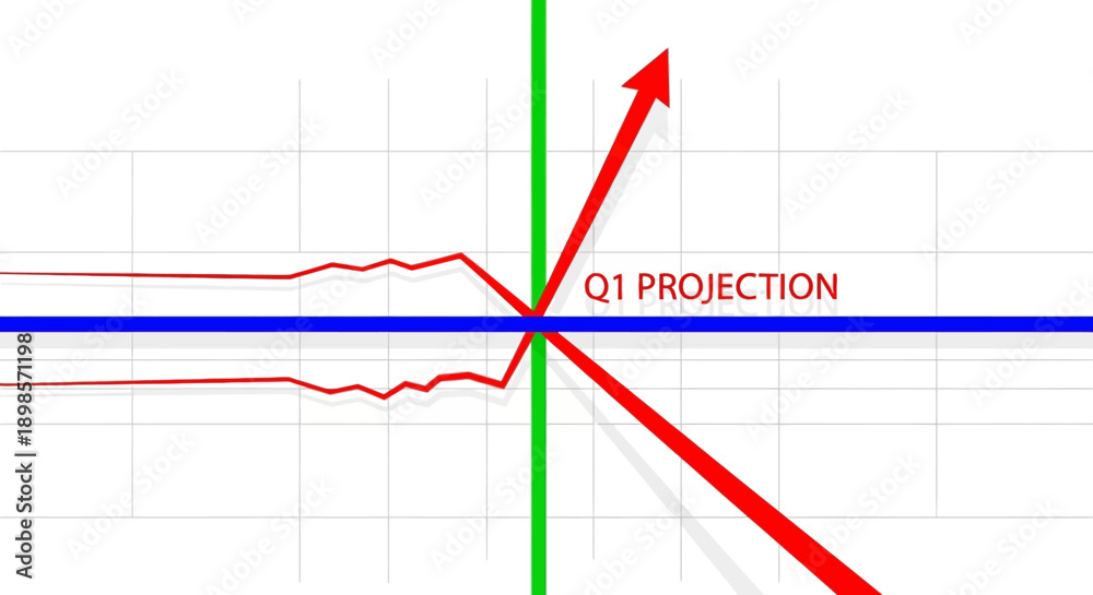 Fototapeta premium Q1 Financial Projection Graph: Bifurcation of Growth and Decline Scenarios. Critical Business Decision Point.