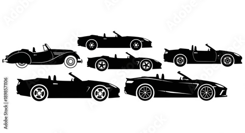 Collection of black convertible sports cars in silhouette.