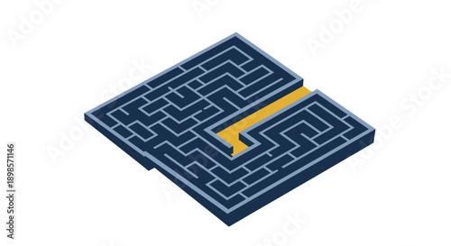 Isometric Maze with Golden Solution Path. Labyrinth Problem Solving and Strategy Concept.