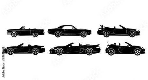 Collection of Black Convertible Sports Cars Silhouettes.