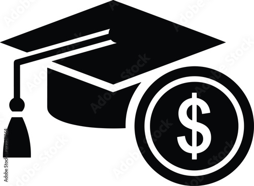 Graduation cap with dollar coin icon, student loan symbol, education funding concept, academic finance design, black vector graphic, flat vector illustration