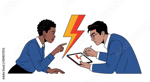Business Conflict and Tension. Diverse professionals arguing or disagreeing, symbolized by a lightning bolt between them. High-stakes negotiation illustration.