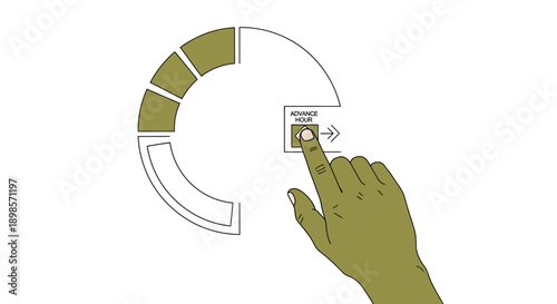Hand Tapping 'Advance Hour' Button on Circular Progress Interface. Time Control, Scheduling, and UX/UI Illustration