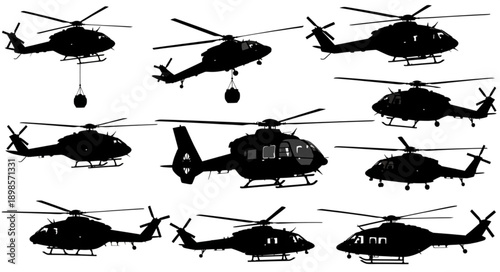 Collection of Black Helicopter Silhouettes Isolated on White Background.