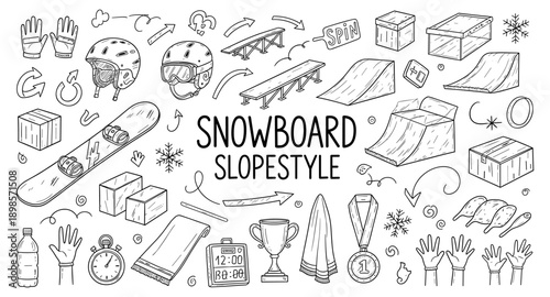 Hand-drawn snowboard slopestyle elements and icons for winter sports design