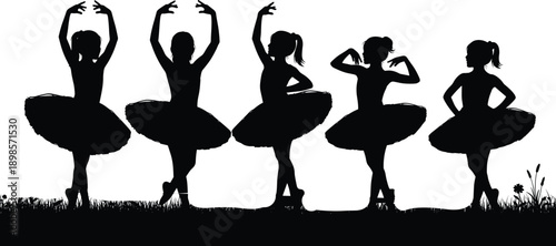 Ballet dancers silhouettes vector illustration showing graceful girls in tutu dresses performing classical dance poses, black female figures isolated on white background for art and performance design