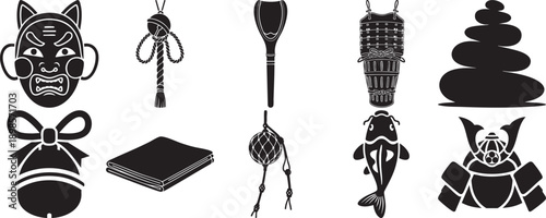 Set of Japanese cultural icons including mask, samurai armor, and koi fish isolated on white background