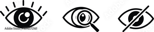 Black and white vector icons of eyes representing visibility, inspection, and invisibility, commonly used in user interface design and accessibility