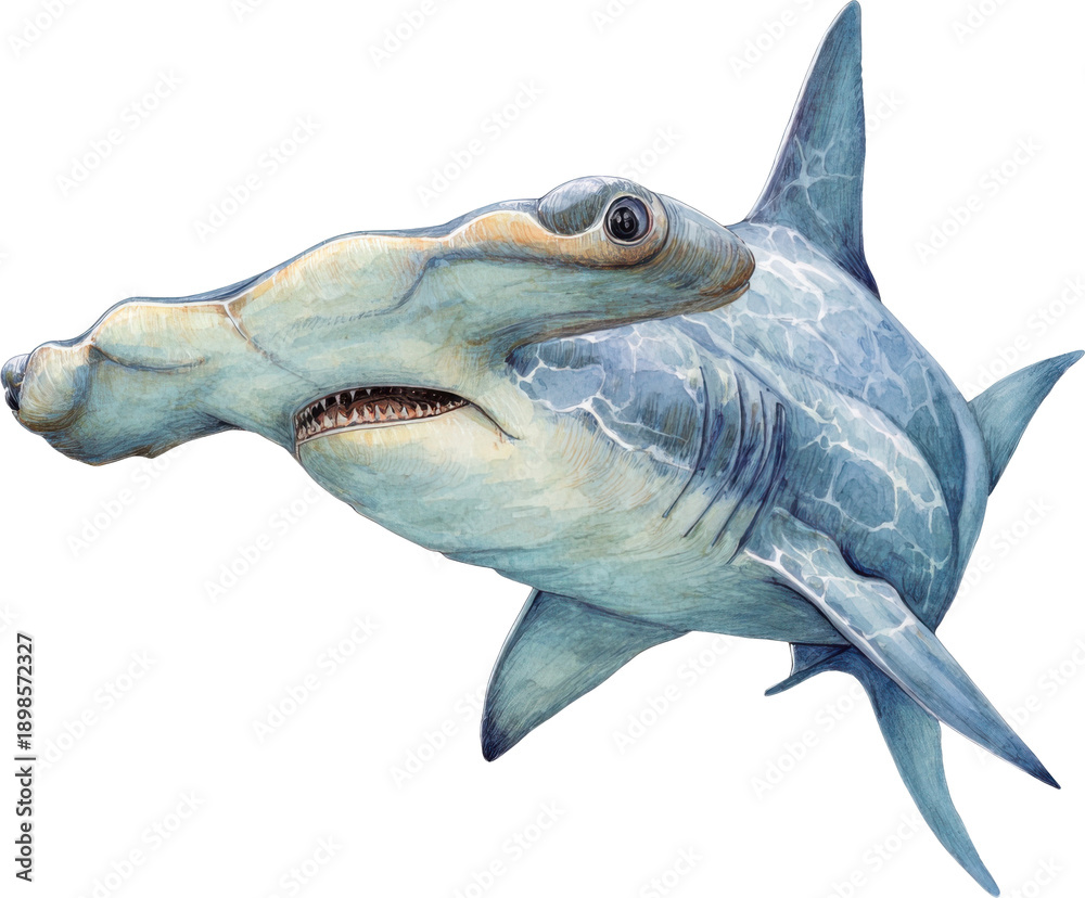 Fototapeta premium Graceful hammerhead shark swimming in clear ocean waters isolated on transparent background