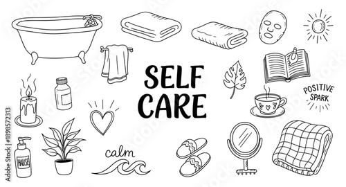 Self care doodles including bathtub, towels, candle, plant, and spa items