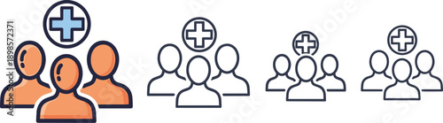 Healthcare service groups represented with medical cross icons, highlighting teamwork, coverage, inclusivity, patient care, diverse support, and collaborative medical systems