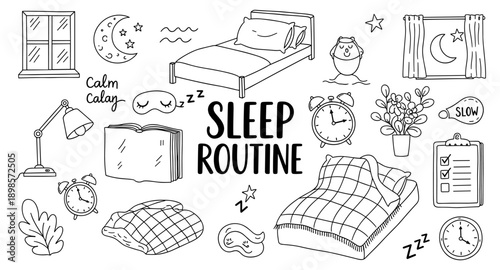 Doodle collection illustrating elements of a healthy sleep routine for better rest