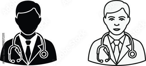 Stylized medical professional icons with stethoscopes, representing healthcare expertise, clinical identity, professional service, medical workforce, and modern healthcare illustration