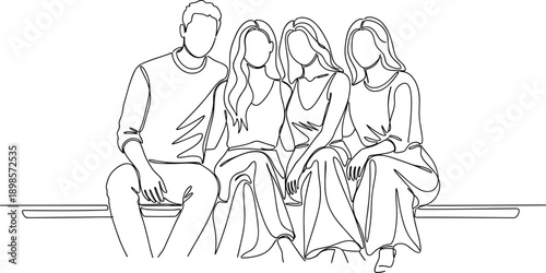 Minimalist family line art illustration of parents and daughters sitting together on bench, continuous one line drawing, modern vector outline isolated on white background