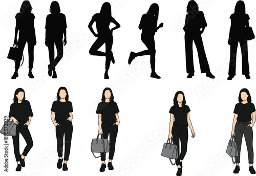 Women fashion silhouettes and colorful characters vector illustration set, modern female poses with handbags, stylish lifestyle outfits collection for urban, casual and streetwear design isolated on 