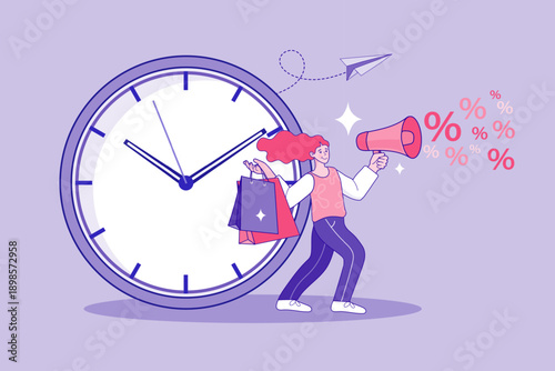 Limited time offer sale concept with woman and giant clock. Excited girl announcing flash discounts and urgent deals, running with shopping bags and megaphone for time-limited retail events.