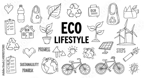 Hand-drawn eco lifestyle icons representing sustainability and green living concepts