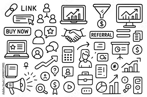 hand drawn doodle vector set of affiliate marketing and online business icons illustrated in a fun and creative style isolated on white background
