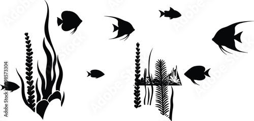Aquarium fish and underwater plant silhouette vector illustration, tropical sea life elements isolated on white background for marine, nature, aquatic design use
