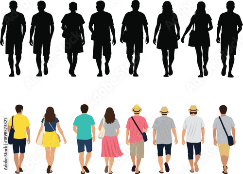 Walking people silhouette and colorful vector illustration set, men and women rear and front views isolated on white background for urban lifestyle, travel, movement design