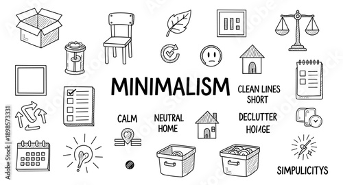 Minimalism concept with icons representing decluttering, organization, and simple living