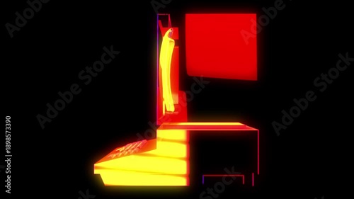 retro futuristic computer hub terminal with neon glitch effect and digital noise distortion. 80s synthwave style data center interface