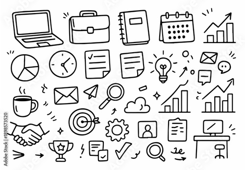 hand drawn doodle vector set of business and productivity icons illustrated in a fun and creative style isolated on white background
