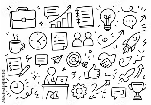 hand-drawn doodle vector set of business and productivity icons illustrated in a playful sketchy outline style isolated on white background