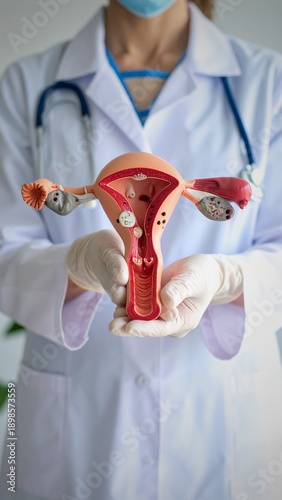 Gynecologist holding anatomical model of female reproductive system, uterus, and ovaries, used for medical education, health awareness, and gynecology consultation.