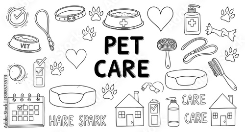 Collection of hand-drawn pet care items and symbols for animal lovers