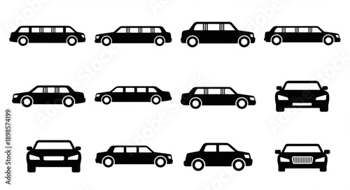 Collection of black limousine car icons in different views.