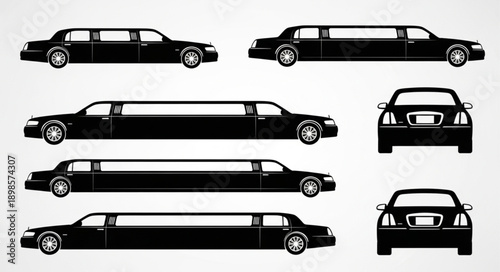 Collection of black limousine car silhouettes from different angles.