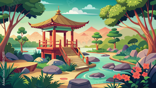 Very beautiful serene Japanese garden scene featuring a traditional wooden gazebo surrounded by manicured greenery, stone paths, calm water, and balanced natural elements, expressing harmony, peace, a