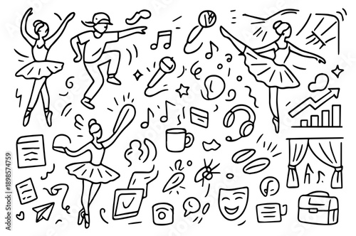 hand drawn doodle vector set of dance, performance, and movement doodles illustrated in a sketchy and energetic style isolated on white background
