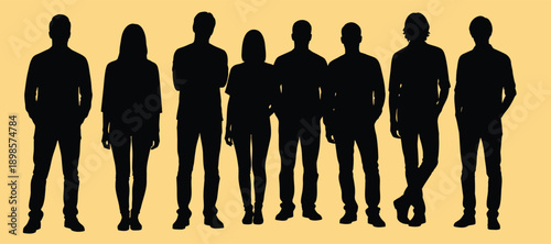 Diverse group of silhouetted people standing together against white background