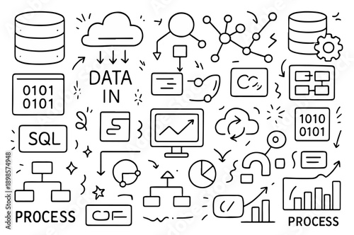 hand drawn doodle vector set of databases and data flow icons illustrated in a fun and creative style isolated on white background
