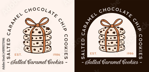 Caramel chocolate chip cookies flavor logo homemade salted cream sauce label for packaging design. Cookie stack with bow outline drawing fancy retro vintage dark aesthetic bakery illustration print.
