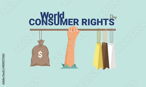 World Consumer Rights Day. A reminder of the importance of fulfilling consumer rights with a balance between the amount paid and the goods purchased. Vector illustration