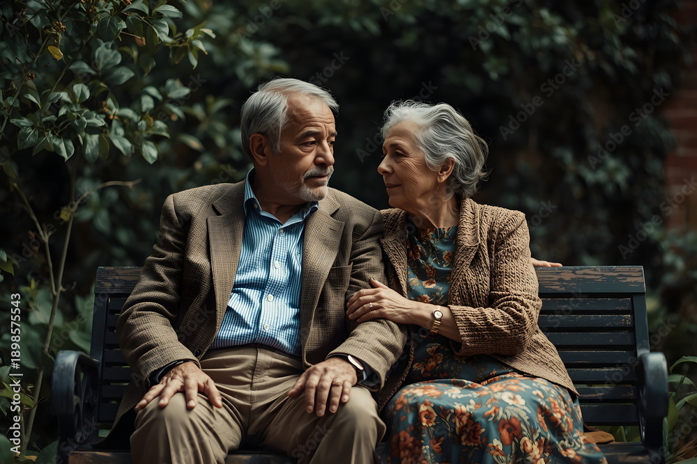 Fototapeta premium Senior Middle Eastern Couple Sitting on Bench in Park