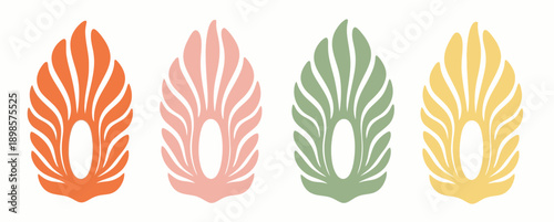 Four abstract stylized leaf shapes in warm and cool color palettes