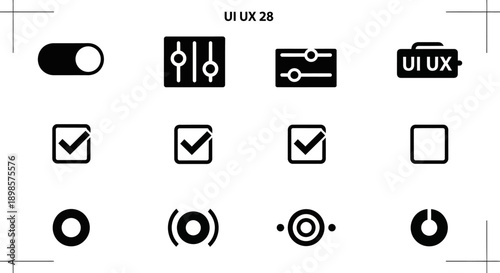 Graphic collection of modern user interface icons featuring volume sliders check boxes and circular radio button states for software applications
