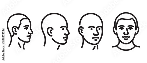 Various Human Head and Face Illustrations in Different Angles, Simple Line Art Vector Avatars.