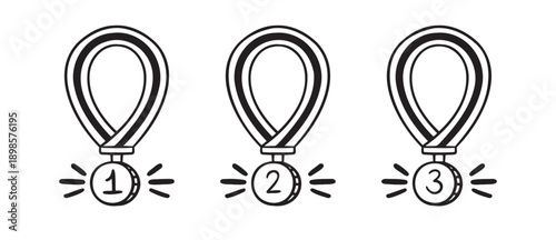 medal first, second, third place. Medal icon doodle hand drawn. Winner outline line drawing clipart symbol