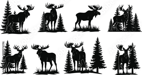 Large collection of black moose silhouettes with pine trees and forest elements isolated on white background for rustic wildlife nature logo design