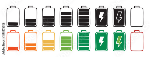 battery indicator color and black charge doodle hand drawn icon set. Outline drawing line clipart symbol collection