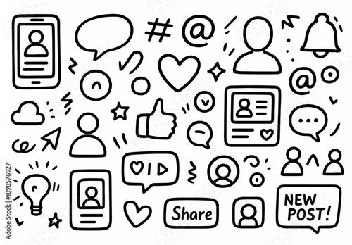 Tableau sur toile hand drawn doodle vector set of general social media elements illustrated in a f