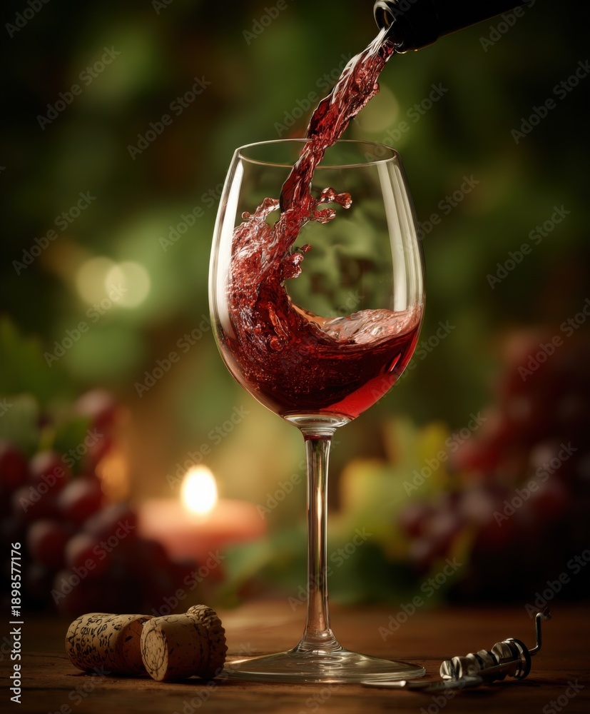 Fototapeta premium Pouring Red Wine into Glass with Corkscrew and Grapes on Tabletop, Festive Atmosphere
